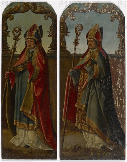 Two bishops (St. Ulrich and St. Blaise), 16th century, oil on oak wood, (St. Ulrich, St. Blaise: 54.5 x 22.8) 54.5 x 19.3 cm, unsigned, Jakob Cornelisz. van Oostsanen, (Werkstatt / workshop), Oostzaan um 1472/77–1533 Amsterdam