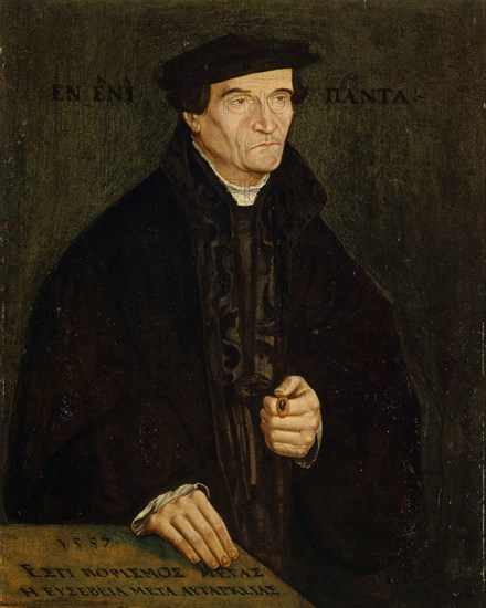 Portrait of Bonifacius Amerbach, 1557, oil on walnut, 51 x 40 cm, side of the head Greek inscription: 'EN,' ENÌ, PÁNTA:, on the plate in the foreground Date and Greek motto: 1557 ESTI PORISMOS MEGAS E EUSEBEIA, META AUTAPKEIAS, Jacob Clauser, Zürich um 1520/25 – um 1578/79 Mulhouse