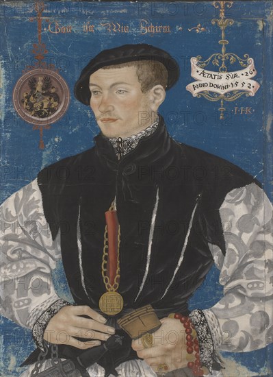 Portrait of Hans Rispach, 1552, tempera on paper, mounted on canvas, 51 x 38 cm, signed on the right: • i • HK • [ligated], dated on the tape: • ATTATiS SVÆ • 26 • ANNO DOMINI • 1552 •, at the top of the screen the motto: • God is Min Screen •, Hans Hug Kluber, Basel 1535/36–1578 Basel
