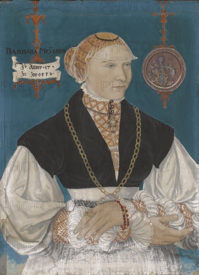 Portrait of Barbara Meyer zum Pfeil, the wife of Hans Rispach, 1552, tempera on paper, mounted on canvas, 51 x 38 cm, signed in medallion with the coat of arms: iHK [ligated], dated on the tapes: Ir Alltter • 17 • In the Jor • 1552 •, above in black: BARBARA MEYEREN, Hans Hug Kluber, Basel 1535/36–1578 Basel