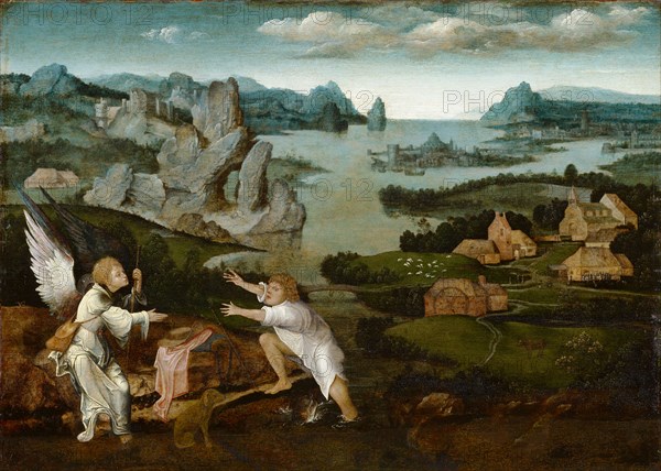 Landscape with Tobias and the Angel, 16th Century, 1st Quarter, Oil on Oak, 33.2 x 46.6 cm, Unmarked, Joachim Patenier (Patinir), (Umkreis (?) / circle (?)), Dinant oder Bouvignes b. Dinant um 1485–1524 Antwerpen