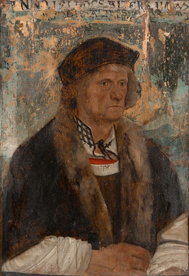 Portrait of Johannes Amerbach (?), 1513, mixed technique on parchment, mounted on fir wood, 52.5 x 37 cm, not marked., Labeled above: [...] • DES • AGES • IM 72 IOR •, Meister der Lautenbacher Hochaltarflügel, tätig im 16. Jh.