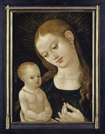 Madonna and Child with Strawberry, c. 1505, mixed technique on parchment, mounted on linden wood, 31.2 x 22.8 cm, unmarked, Meister der Lautenbacher Hochaltarflügel, tätig im 16. Jh.