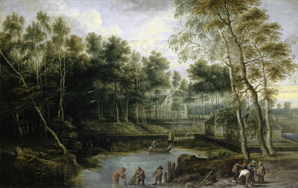 Landscape with Monastery, around 1640, oil on oak, 37.5 x 58 cm, unsigned, Lucas van Uden, Antwerpen 1595–1672 Antwerpen, David Teniers d. J., Antwerpen 1610–1690 Brüssel