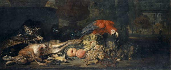Still Life with Wild and Fruit, Parrot, Rabbit and Cat, Oil on Canvas, 62.5 x 148.5 cm, Not Specified, David de Coninck, Antwerpen um 1644–nach 1701 Brüssel