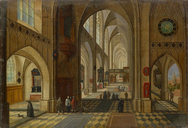 Interior of a gothic church, oil on oak wood, 27 x 39 cm, signed on the right side of the pillar: PEETER, NEEFFS, Pieter Neeffs d. Ä., Antwerpen 1578 (?)–1656/61 Antwerpen