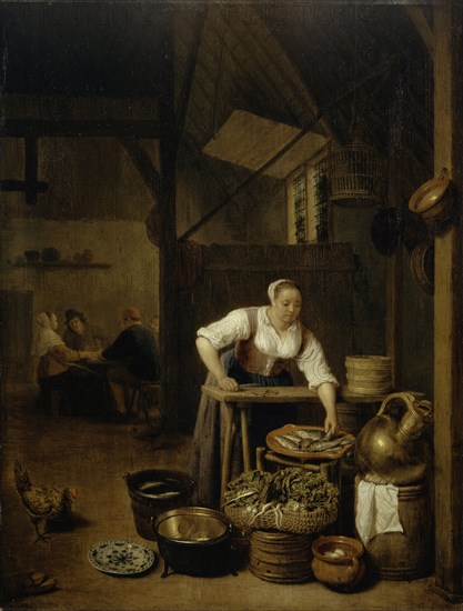 Maid on gutting fish, 1657, oil on oak, 52.5 x 40 cm, dated and signed on the barrel bottom right: 1657 HM., Sorgh (M inscribed in H), Hendrick Martensz. Sorgh, Rotterdam um 1611–1670 Rotterdam
