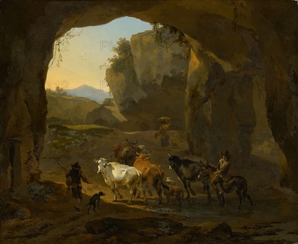 Farmers with herd of cattle in a cave, 1654, oil on oak, 38.6 x 46.6 cm, signed lower right: Berchem, Nicolaes (Claes Pietersz.) Berchem, Haarlem 1620–1683 Amsterdam