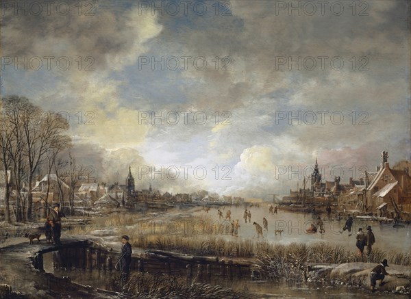 Two towns on a frozen river with golfers and ice skaters, around 1660/65, oil on oak, 40.1 x 53.9 cm, monogrammed lower left: AV, DN [each ligated], Aert van der Neer, Amsterdam 1603/04–1677 Amsterdam