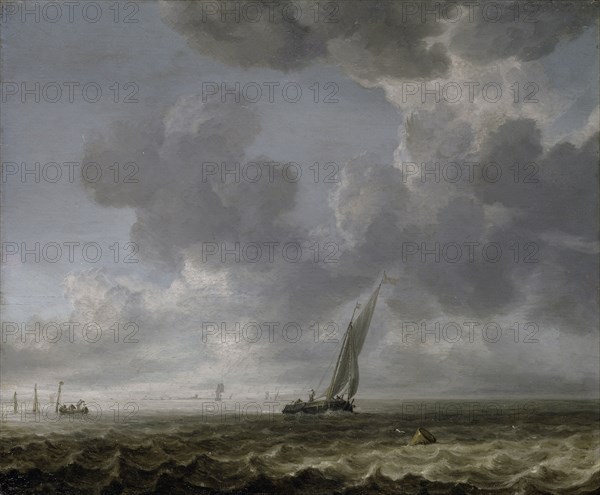 Ships at sea, oil on oak, 34 x 41 cm, monogrammed lower right on the barrel: SDEV, Simon de Vlieger, Rotterdam um 1600/01–1653 Weesp