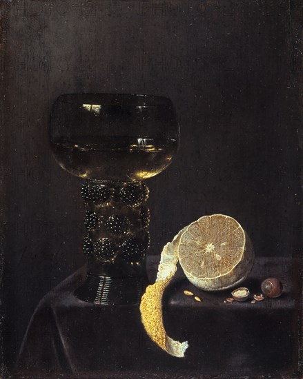 Still Life with Wineglass and Sliced Lemon, 1649, oil on oak, 30.9 x 24.6 cm, inscribed lower left next to the Roman: J. v velde, 1649, Jan Jansz. van de Velde III, Haarlem 1620–1662 Enkhuizen