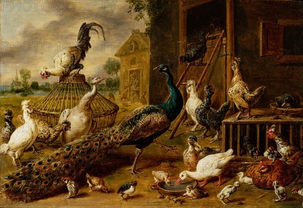 Poultry yard, 1650, oil on oak, 39 x 60 cm, signed and dated right below the window: Adriaen van Uytrecht fecit at ° 1650, Adriaen van Utrecht, Antwerpen 1599–1652 Antwerpen
