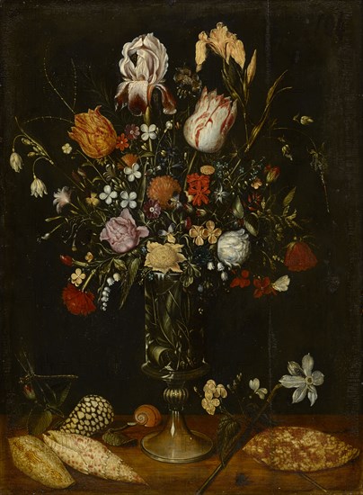 Still Life with a Bouquet in High Glass Foot, Oil on Oak, 52.8 x 39 cm, Unmarked, Niederländischer Meister um 1600