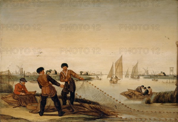 Two fishermen pull their net ashore, oil on oak, 31 x 44.5 cm, Monogrammed bottom left on the boat: A.A., Arent Arentsz. Cabel (Arent Arentsz. gen. Cabel), Amsterdam 1585/86–1631 Amsterdam
