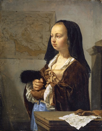 Ready for going out young lady with feather fan, around 1657/59, oil on oak wood, 20 x 15.8 cm, Signed middle left: F. van Mieris, Frans van Mieris, Leiden 1635–1681 Leiden