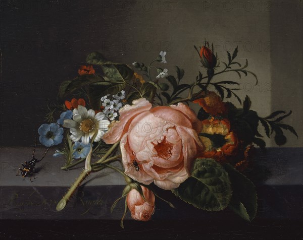 Still Life with Rose Branch, Beetle and Bee, 1741, oil on canvas, mounted on oak, 20 x 24.5 cm, signed and dated on the front edge of the stone plate on the left: Rachel., AE [ligated] 78 Ruysch, Rachel Ruysch, Amsterdam 1664–1750 Amsterdam