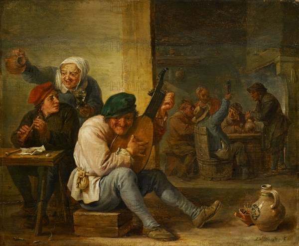 Musicians in a tavern, oil on oak wood, 26 x 31.5 cm, Signed lower right: D. TENIERS., F, David Teniers d. J., Antwerpen 1610–1690 Brüssel