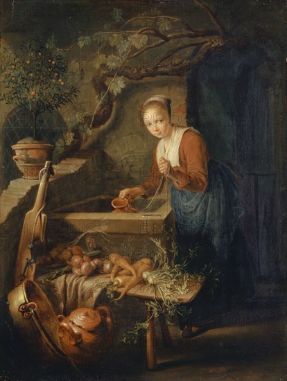 Kitchen Girl at the Well, Oil on Oak, 28.3 x 21.5 cm, Signed Left, on the Well Edge: GDOV [G and D ligated], Gerrit Dou, Leiden 1613–1675 Leiden