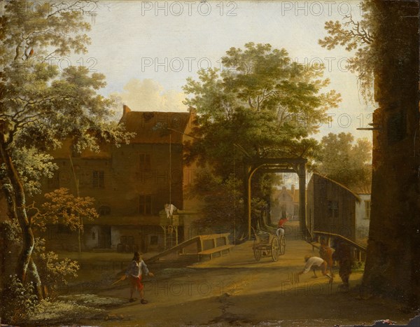 Village street with drawbridge, oil on oak wood, 27 x 34.5 cm, originally fully inscribed lower right, now illegible, Jan Both, Utrecht (?) um 1615/18–1652 Utrecht