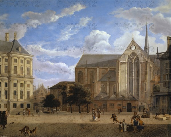 The Dam in Amsterdam against the Town Hall and Nieuwe Kerk, c. 1670, oil on oak, 44.9 x 56 cm, signed lower right: Heyde, Jan van der Heyden, Gorinchem 1637–1712 Amsterdam