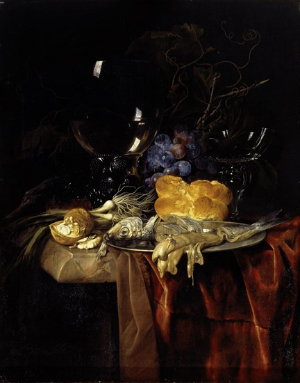 Breakfast, 1679, oil on canvas, 57.5 x 46 cm, signed and dated lower left: Guil.mo., van, ., Aelst, ., 1679th, Willem van Aelst, Delft 1627 – 1683 Amsterdam