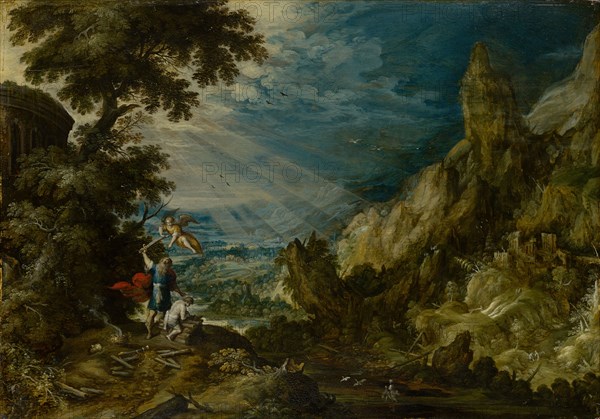 The Sacrifice of Isaac in Wild Rock Valley, Oil on Oak, 42.5 x 60.5 cm, Unmarked, Kerstiaen de Keuninck, Kortrijk um 1560–1632/1633 Antwerpen