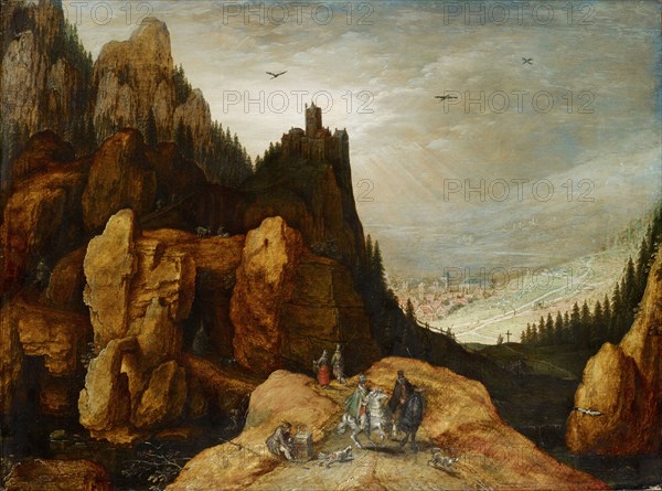 Alpine landscape with castle, 1590-1595 (?), Oil on oak, 35.2 x 47.4 cm, not marked, Tobias Verhaecht, Antwerpen 1561–1631 Antwerpen
