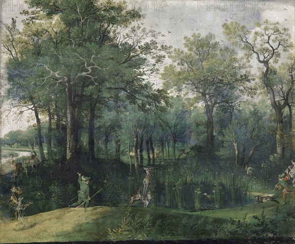Deer hunting in swampy wood, 2nd half of the 16th century, tempera unvarnished on unprimed canvas (handkerchief painting), mounted on paper, 41.5 x 50 cm, not marked, Niederländischer Meister, 16. Jh.