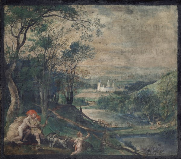 Venus and Adonis in wooded landscape in front of the castle Beersel, 2nd half of the 16th century, tempera unvarnished on unprimed canvas (handkerchief painting), wax-doubled, 38.1 x 44.2 cm, not marked, Niederländischer Meister, 16. Jh.