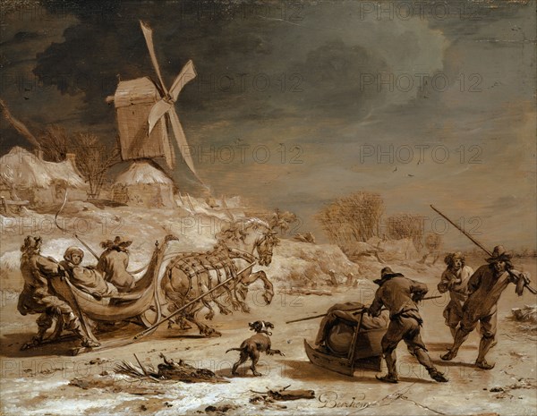 Sleigh ride, around 1665, oil on oak wood, 24.4 x 31.4 cm, signed lower right center: Berchem, Nicolaes (Claes Pietersz.) Berchem, Haarlem 1620–1683 Amsterdam