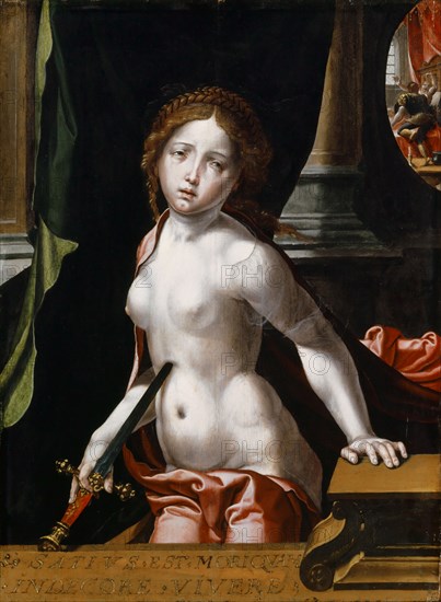 Lucretia, oil on oak, 68.5 x 49.9 cm, inscription on parapet: SATIVS • EST • MORIQVAM, • INDECORE • VIVERE, Pieter Coecke van Aelst d. Ä., Aalst 1502–1550 Brüssel