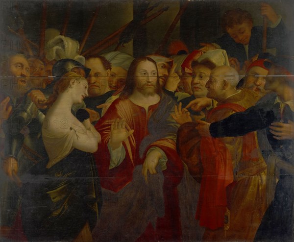 Christ and the Adulteress, Oil on Oak, 111 x 135 cm, Unmarked, Lorenzo Lotto, (Alte Kopie nach / old copy after), Venedig um 1480–1556 Loreto, Französischer Meister, 16. Jh.