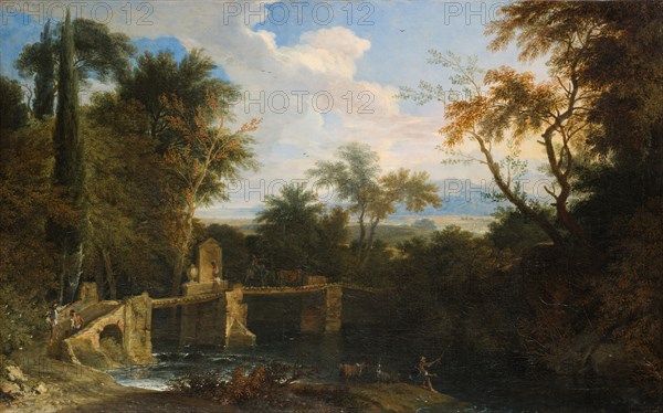 Italianizing river landscape with wooden temporary bridge, oil on canvas, 76.5 x 125 cm, signed on the back of the pillar next to the cypress trees: Frans, Beich, Franz Joachim Beich, Ravensburg 1665–1748 München
