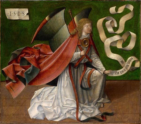 Annunciation to Mary: The Archangel Gabriel, 1515, mixed media on oak wood, 67 x 75 cm, unmarked, dated on the left: 1515, on the rotulus: Ave gracia plena dominus, te, cum •, Elsässischer Meister, 16. Jh.