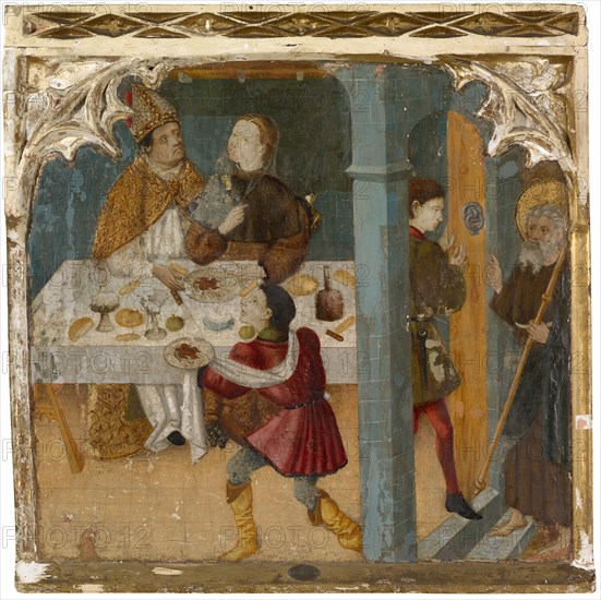 The hl., Andreas saves a bishop tried by the devil, mid-15th century, mixed media on wood, 61 x 66 cm, not marked, Katalanisch, 15. Jh.