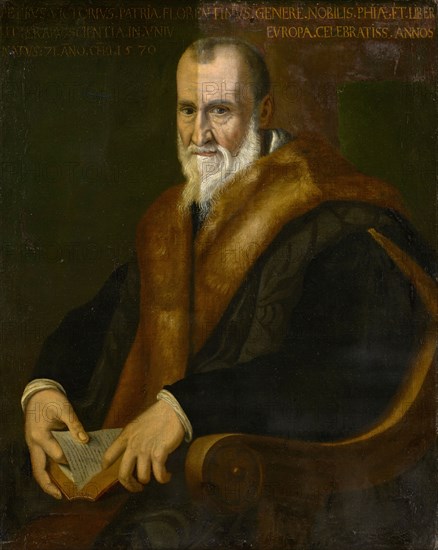 Portrait of the Lawyer Petrus Victorius (1499-1585), 1570, oil on canvas, 91.5 x 72 cm, Not marked, but dated in inscription above: PETRUS VICTORIUS., PATRIA FLORENTINUS., GENERAL NOBILIS., PHIAE ET LIBER., LITTERAR., SCIENTIA IN VNIV ... EUROPE., CLEBRATISS, ., ANNOS, NATUS 71. A [N] NO CHR., 1570th, Oberitalienischer Meister, 16. Jh.