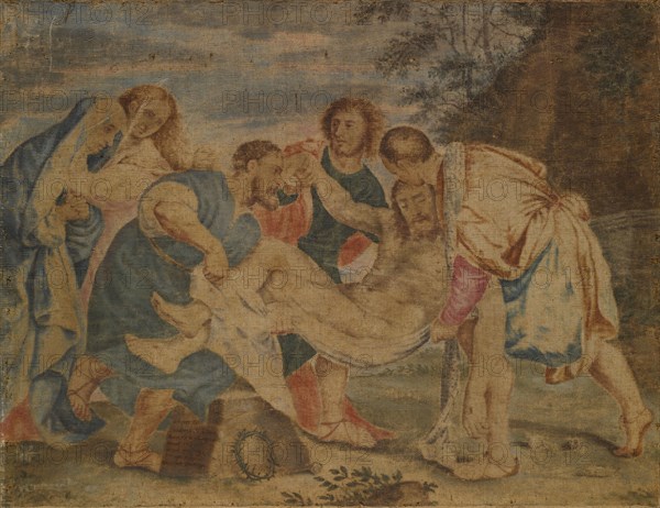 The Entombment of Christ, 16./18., Century, tempera on canvas, 61 x 78 cm, on the stone block bottom left: Après le tableau de Titian ... [hard to read], Tizian (Vecellio, Tiziano), (Kopie nach / copy after), Pieve di Cadore um 1485/90 (?) –1576 Venedig