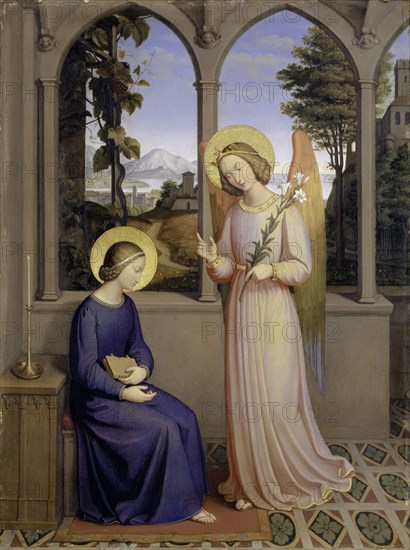 The Annunciation of Mary, 1828, oil on fir wood, 34.4 x 25.7 cm, Signed and dated on the back: Joh: Schraudolph, von, Oberstdorf., the 27th of June, 1828., Johann von Schraudolph, Oberstdorf 1808–1879 München