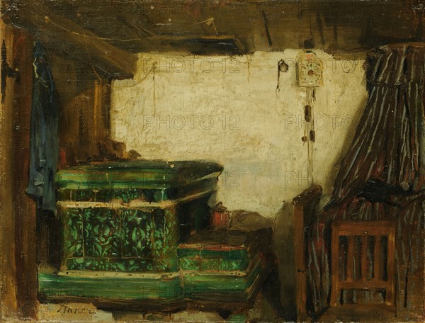 Barn corner with tiled stove, oil on canvas, on board, 24 x 31.5 cm, signed lower left: Anchor, Albert Anker, Ins/Bern 1831–1910 Ins/Bern
