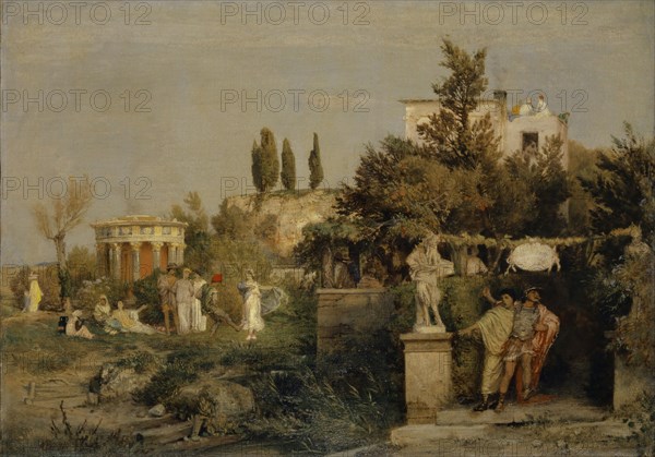 Old Roman wine tavern, c. 1866, tempera on canvas, 44.2 x 62.4 cm, signed lower left: A Böcklin f ., inscribed on the plate in the middle right: VINVM, NOVVM, Arnold Böcklin, Basel 1827–1901 San Domenico