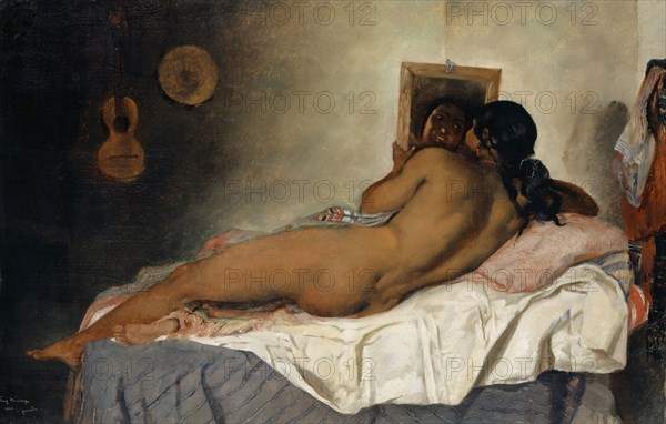 Nude Spanish Gypsy Woman with Mirror, 1858, oil on canvas, mounted on fibreboard, 43.5 x 67.5 cm, Signed, dated and inscribed lower left: Franz [sic] Buchser, 1858., à Granada., Frank Buchser, Feldbrunnen/Solothurn 1828–1890 Feldbrunnen/Solothurn