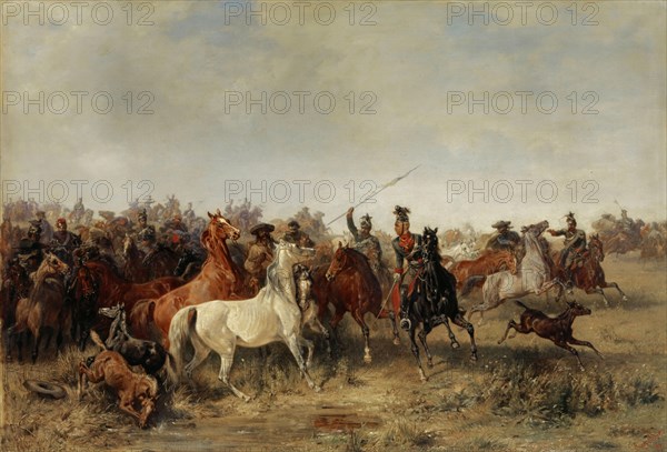 Uhlans hunt down a herd of horses from Honved Hussars, 1863, oil on canvas, 83.5 x 121.8 cm, signed and dated lower right: Franz Adam, 63, Franz Adam, Mailand 1815–1886 München