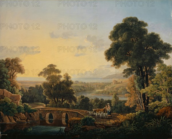 Hilly landscape with river and bridge, oil on canvas, 39.5 x 50 cm, not marked, Peter Birmann, Basel 1758–1844 Basel