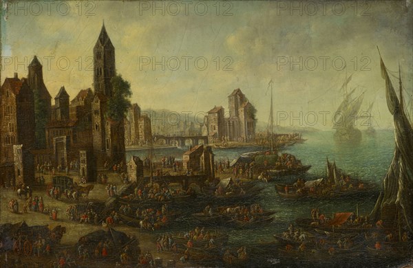 Seaport, oil on canvas, 29.5 x 44 cm, not specified, Adriaen Frans Boudewyns, Brüssel 1644–1719 Brüssel, Pieter Bout, Brüssel um 1640/45–1689 Brüssel