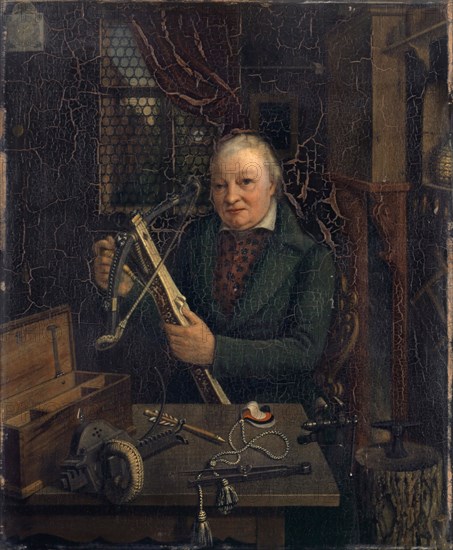 Portrait of the Last Armbruster to Basel, Johann Heinrich Bienz, 1838, oil on panel, 40 x 33 cm, monogrammed on the anvil on the right edge of the picture: RB, Rudolf Braun, 1788–1857, tätig in Basel