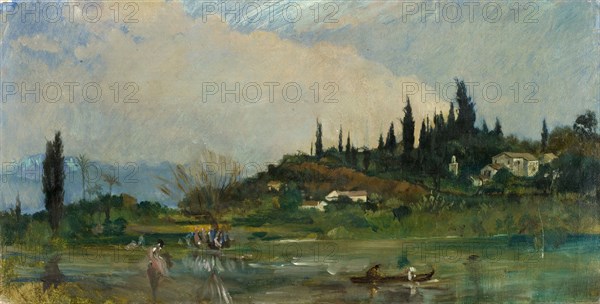 North American landscape near a pond, oil on canvas, mounted on cardboard, canvas: 24.5 x 48.5 cm, unmarked, Frank Buchser, Feldbrunnen/Solothurn 1828–1890 Feldbrunnen/Solothurn