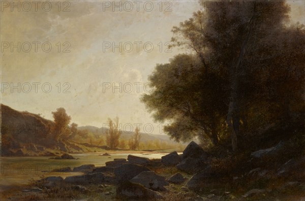 Landscape on the bank of a river, oil on canvas, 63 x 96 cm, Signed lower right: GUSTAVE CASTAN, Gustave Castan, Genf 1823–1892 Crozant/Limousin