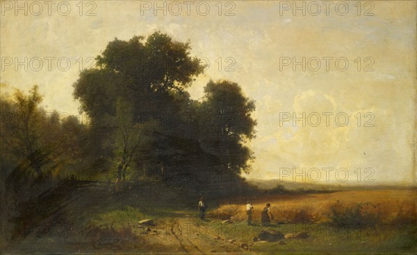 Harvest on the edge of a forest, 1872, oil on canvas, 75 x 128 cm, Signed and dated lower right: GUSTAVE CASTAN, 1872, Gustave Castan, Genf 1823–1892 Crozant/Limousin