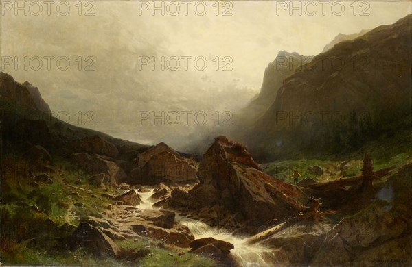 High valley with mountain stream, 1866, oil on canvas, 105 x 160 cm, signed lower right: GUSTAVE CASTAN., 1866, Gustave Castan, Genf 1823–1892 Crozant/Limousin