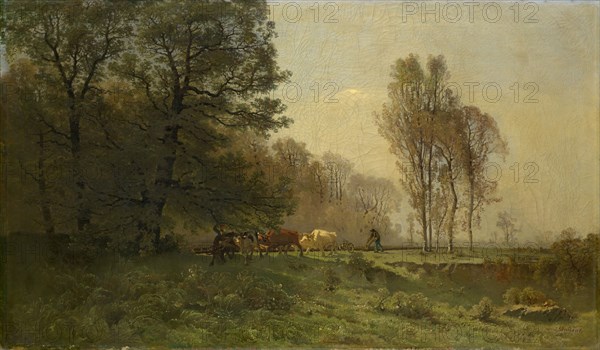 Landscape with plowing peasants, oil on canvas, 76.5 x 130 cm, signed lower right: J. Dunant., Jacques Dunant, Genf 1825–1870 Genf